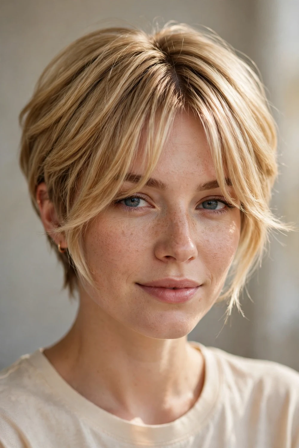 Long pixie haircut with curtain bangs