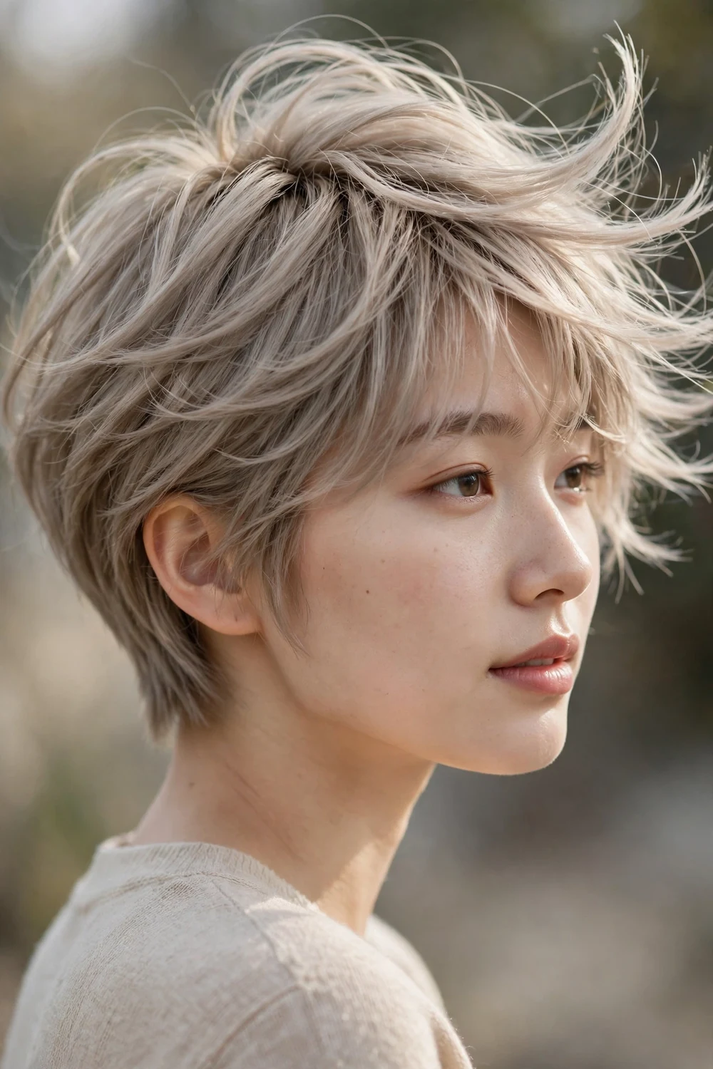 Feathered long pixie haircut with feathered fringe