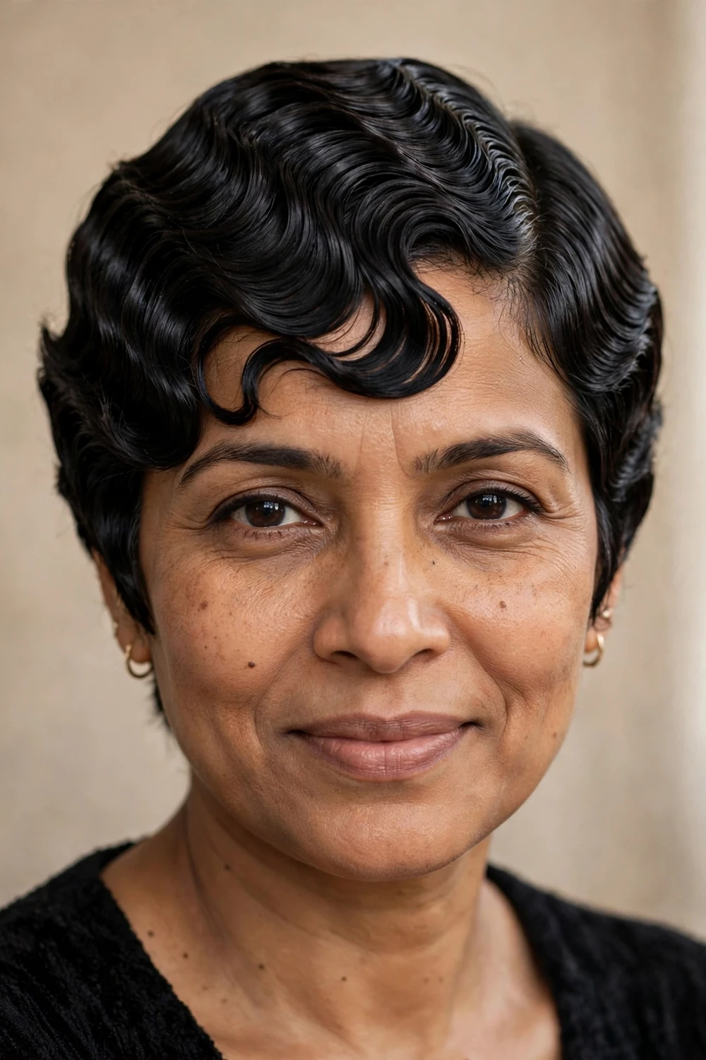 Long pixie haircut with finger waves and bangs