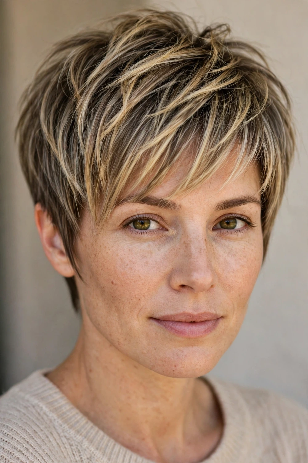 Long pixie haircut with balayage highlights and bangs