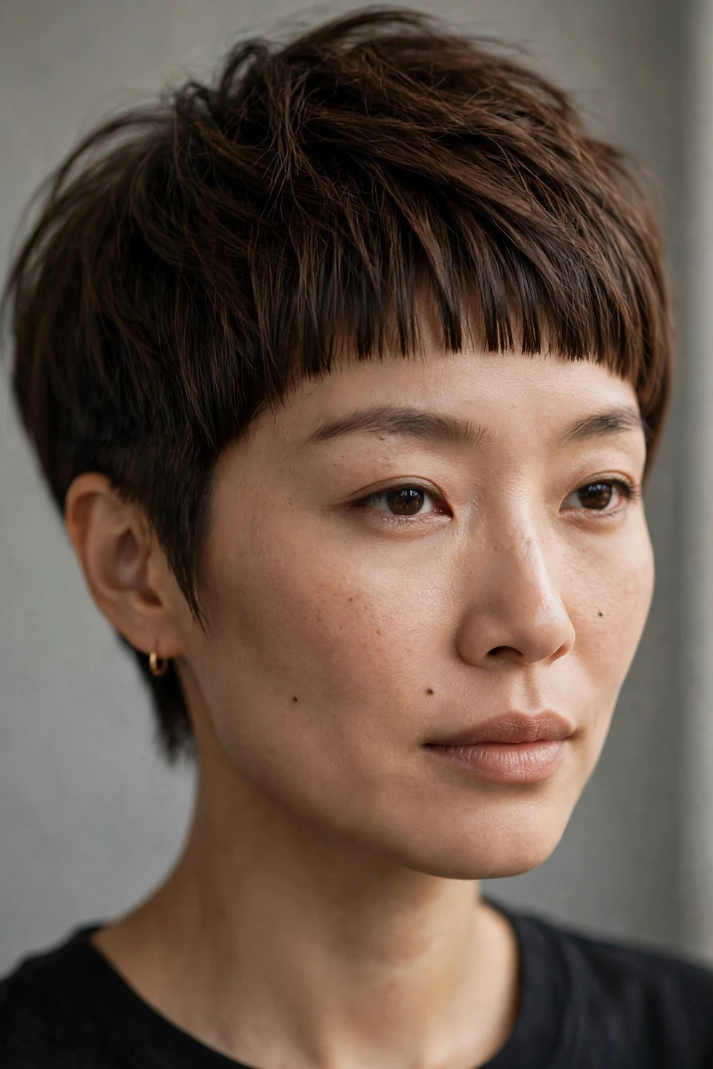 Long pixie haircut with micro bangs