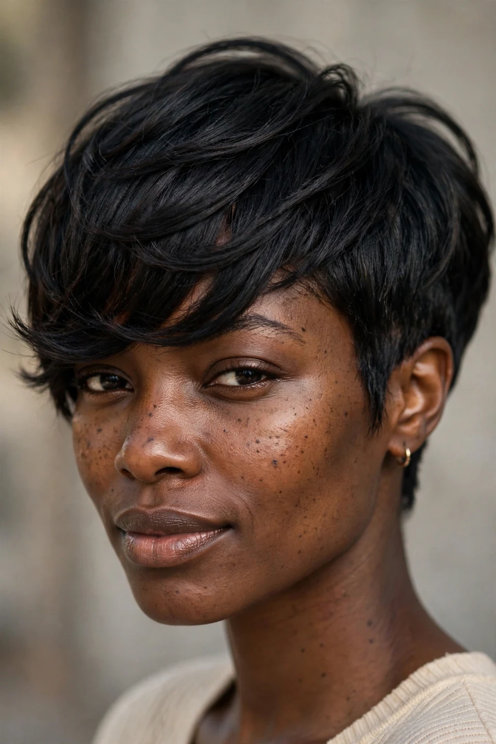 Long pixie haircut with side-swept bangs