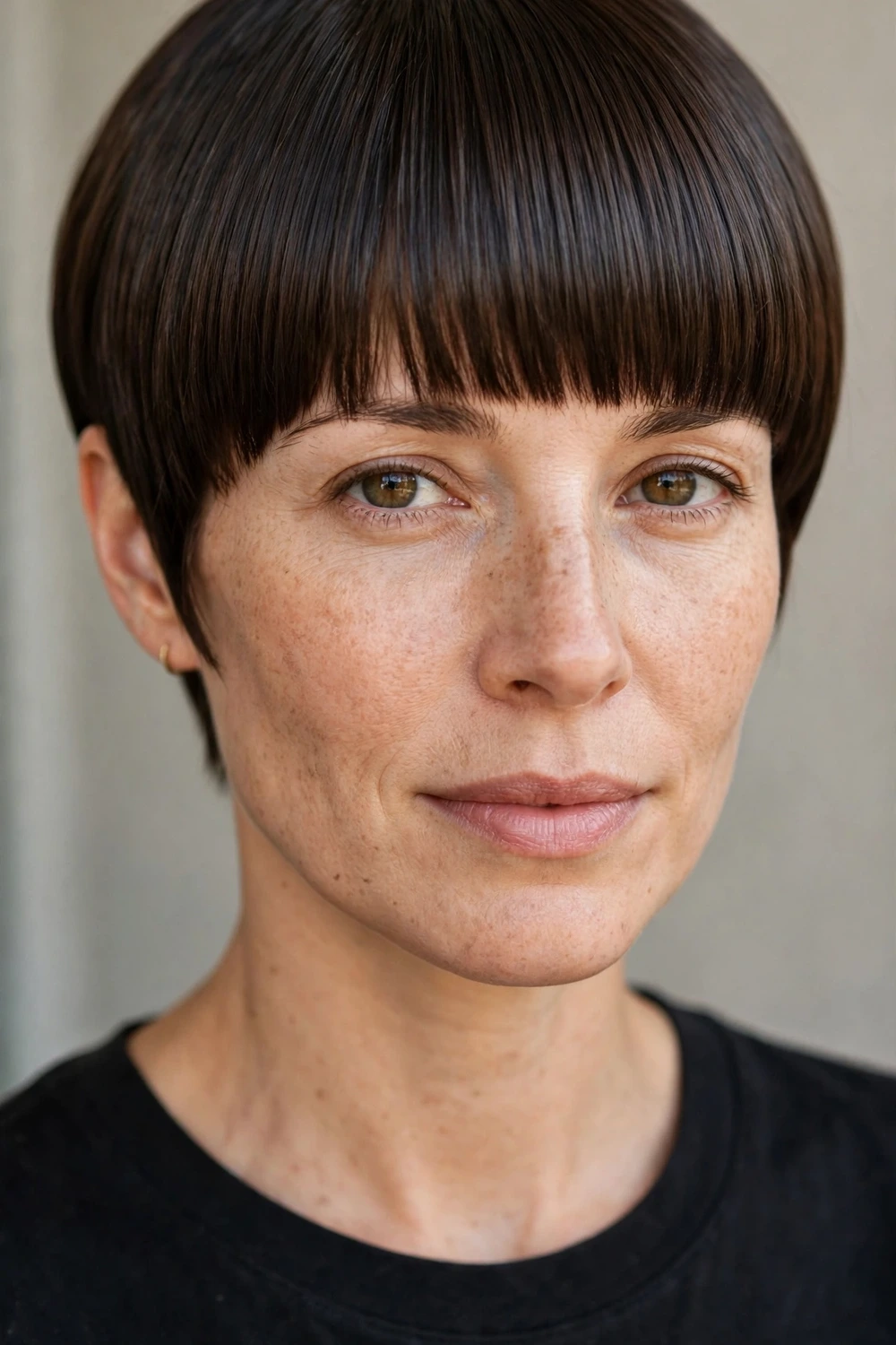 Sleek straight long pixie haircut with bangs