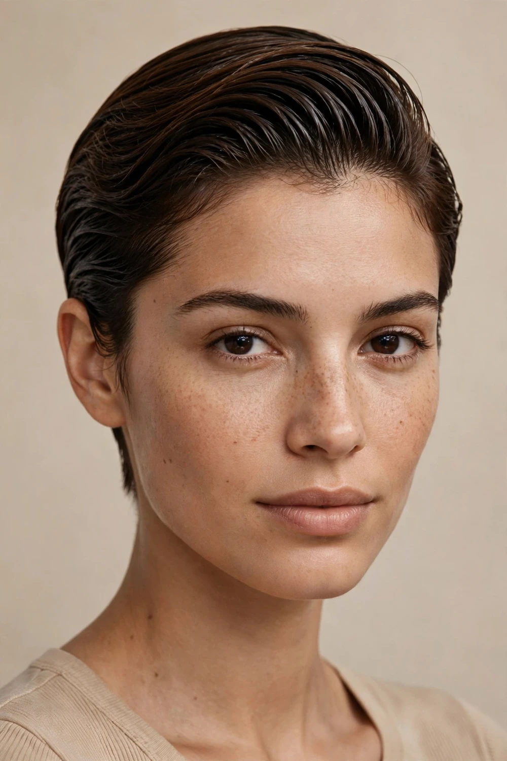 Slicked-back long pixie with grown-out bangs