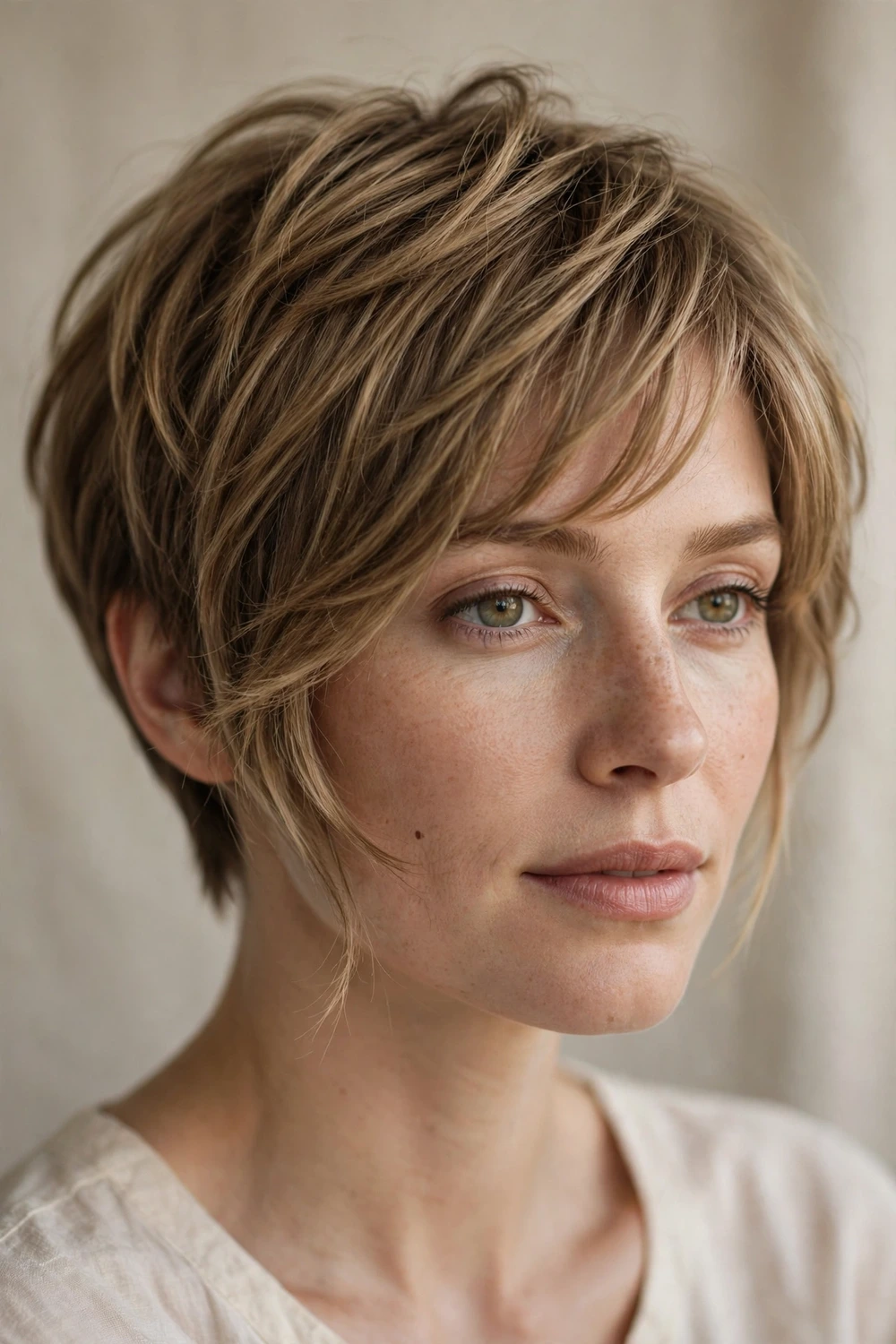 Long pixie haircut with soft side bangs