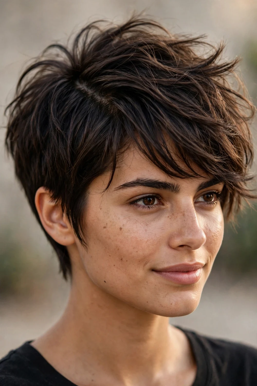 Tousled long pixie haircut with long bangs