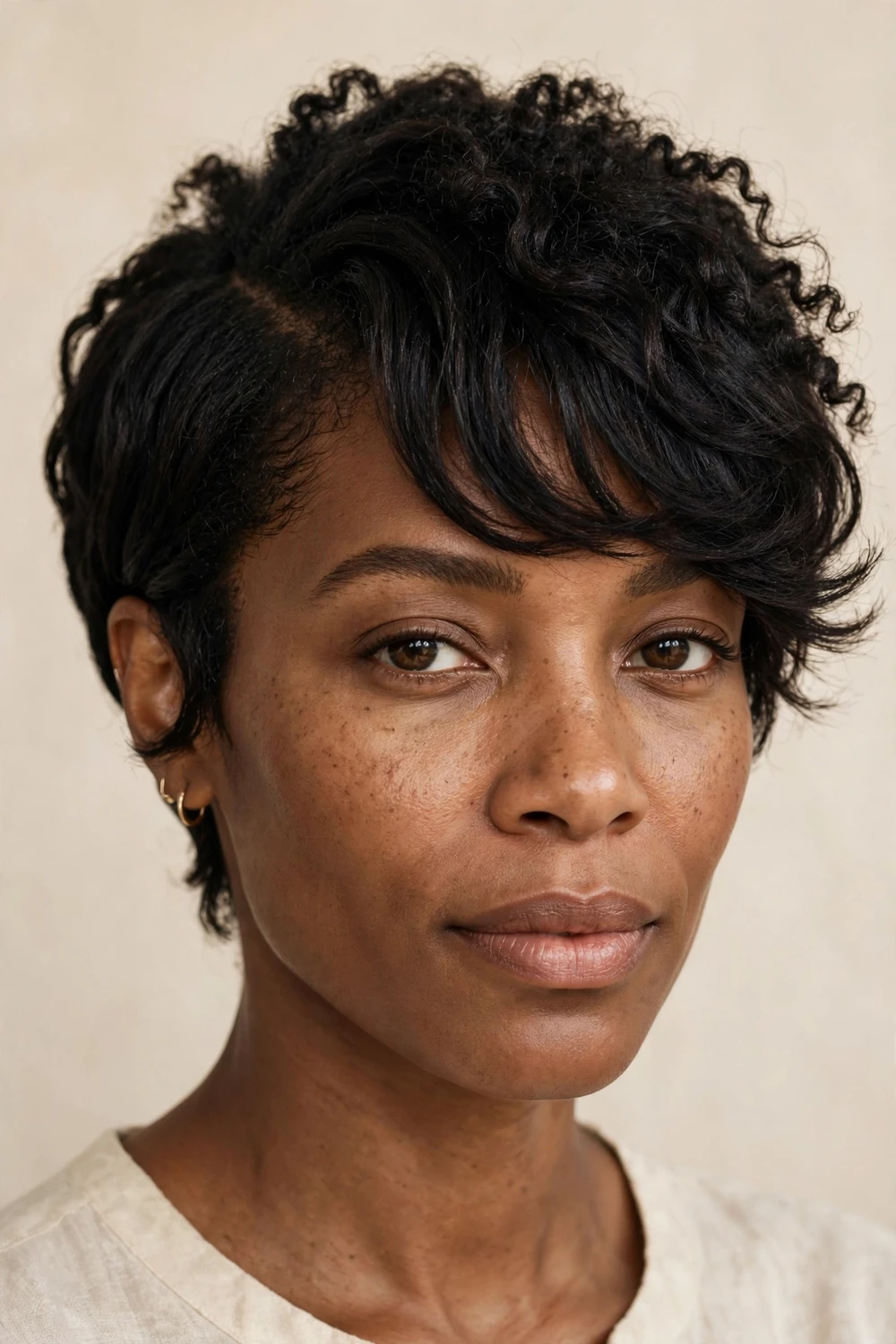 Long pixie with deep side part and tucked bangs