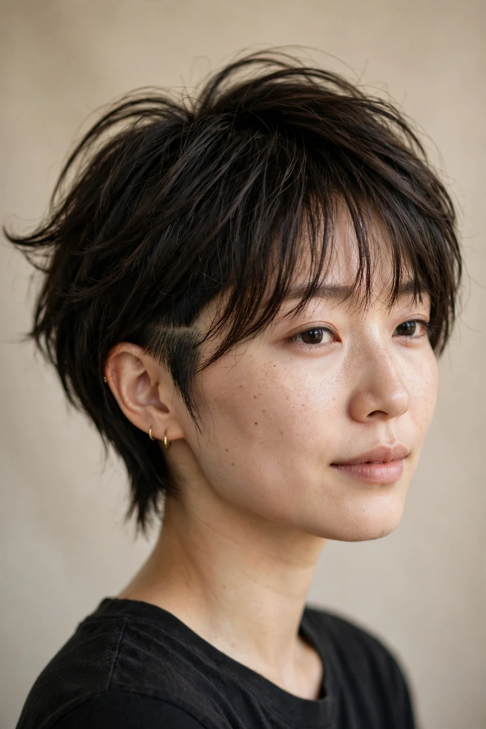 Long pixie haircut with undercut and bangs