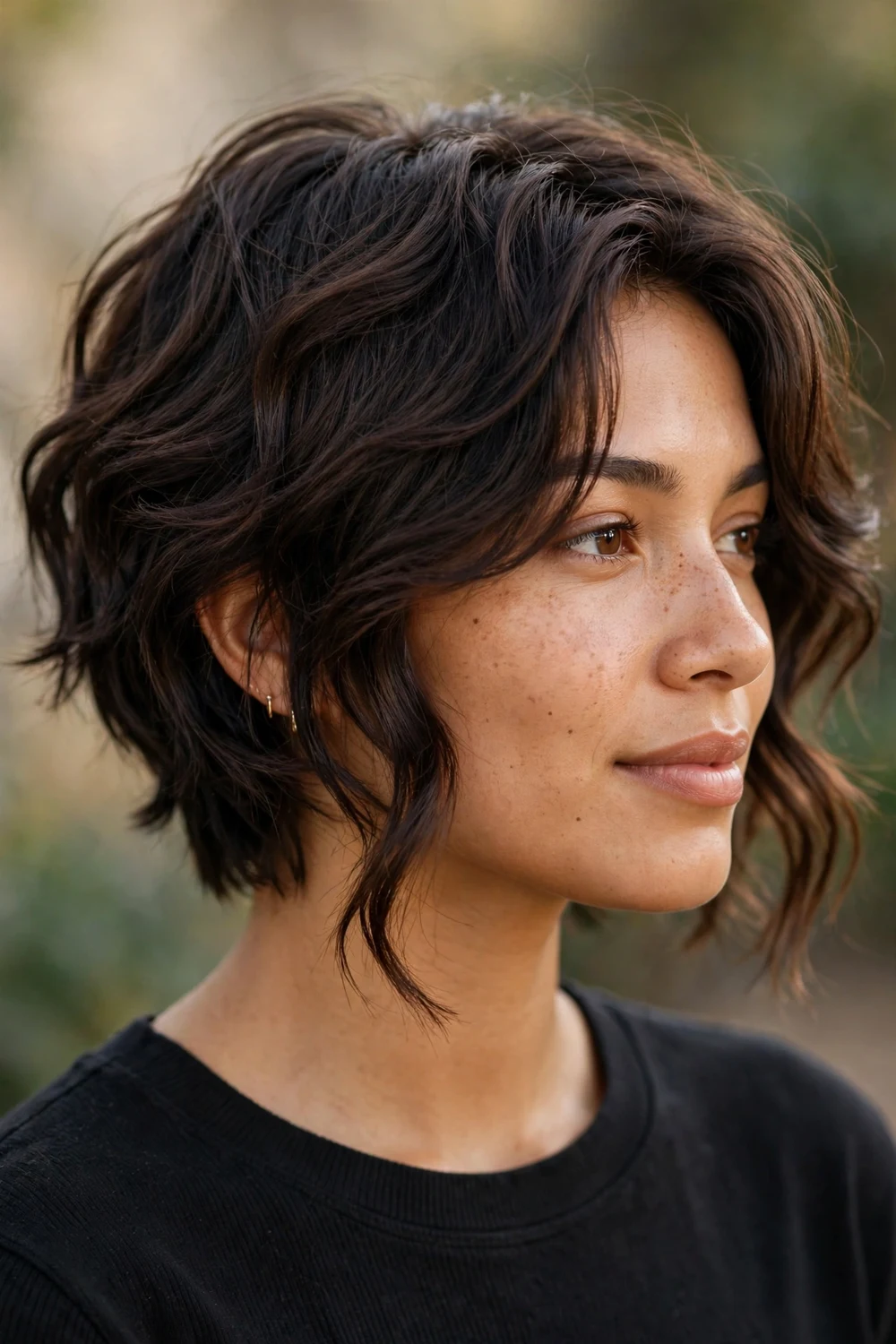 Wavy long pixie haircut with bangs