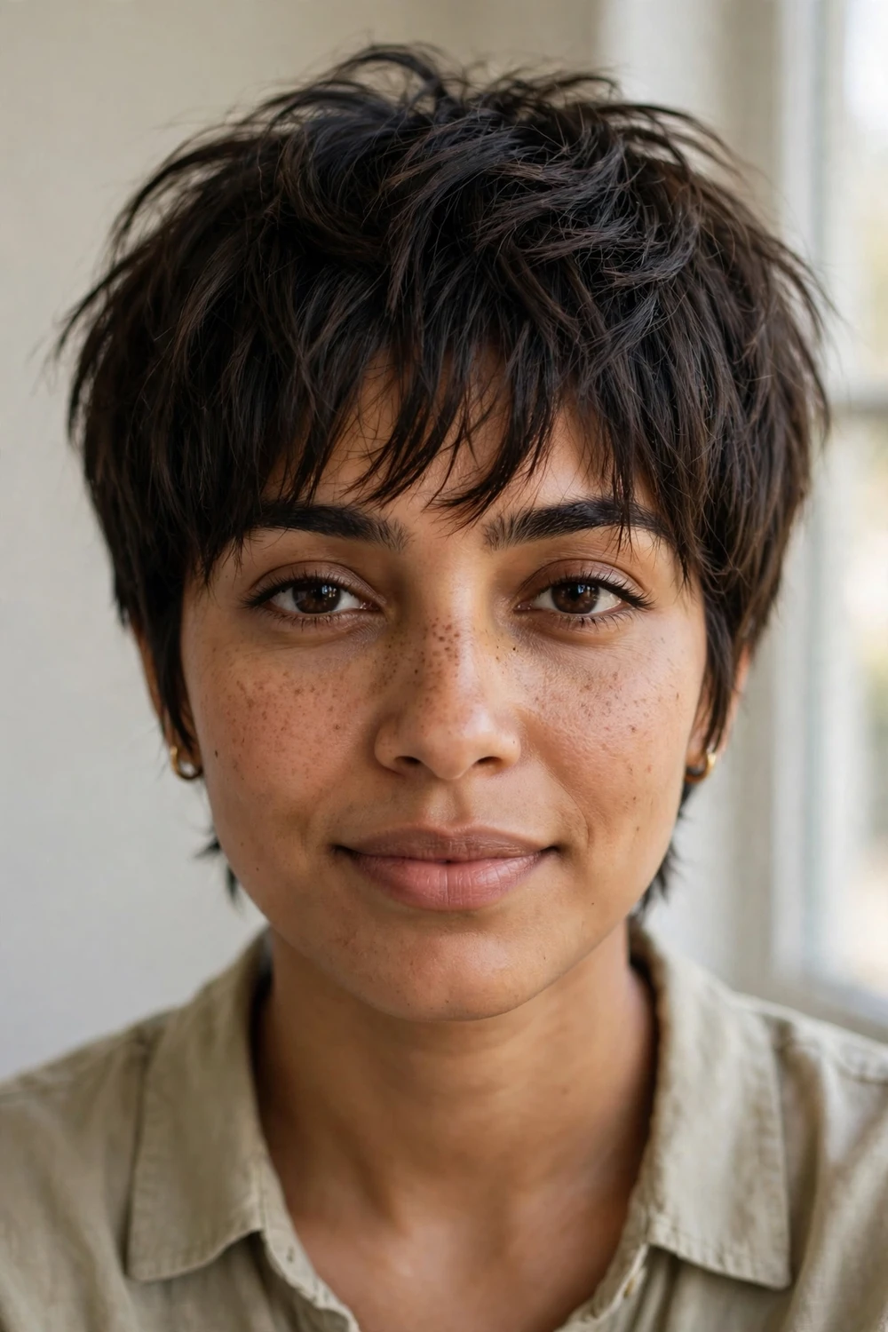 Woman with dark brown hair in a long pixie with choppy bangs