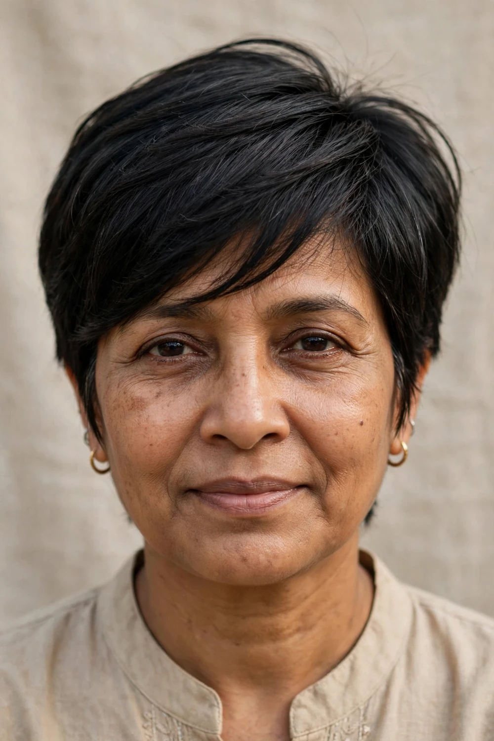 Woman over 50 with a long pixie haircut with layered side-swept fringe for thin hair