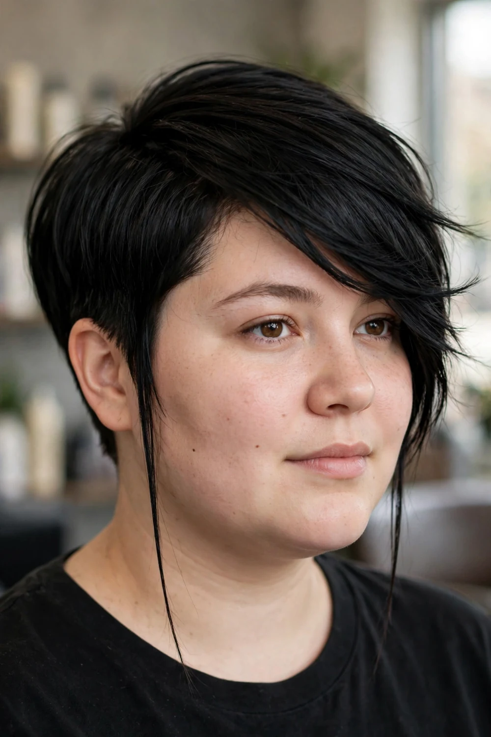 Asymmetrical pixie with hidden nape undercut and tendrils for round faces