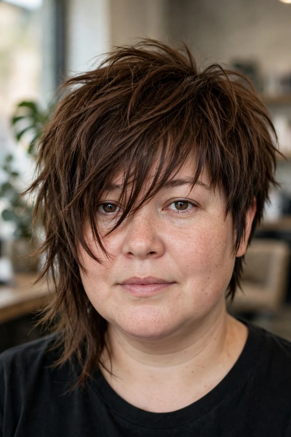 Asymmetrical shaggy bixie for round faces
