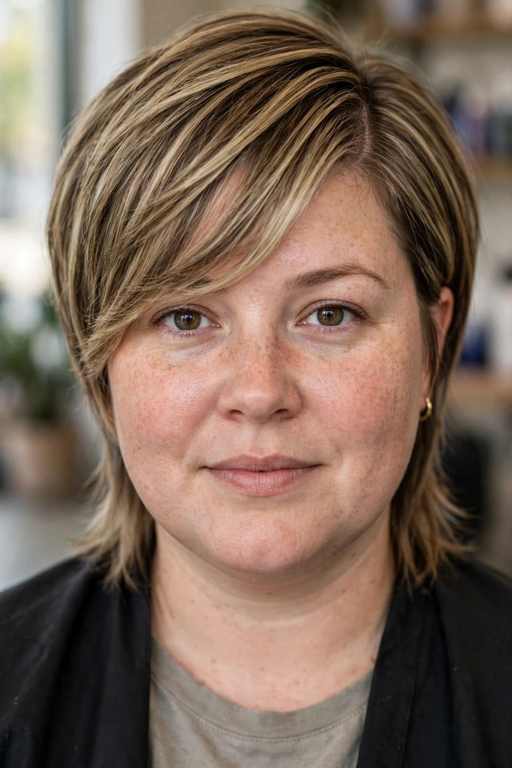Bixie with side-swept bangs for round faces
