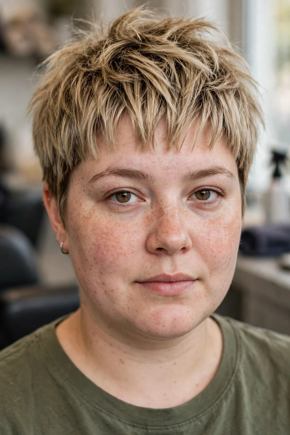 Pixie with choppy bangs for round faces