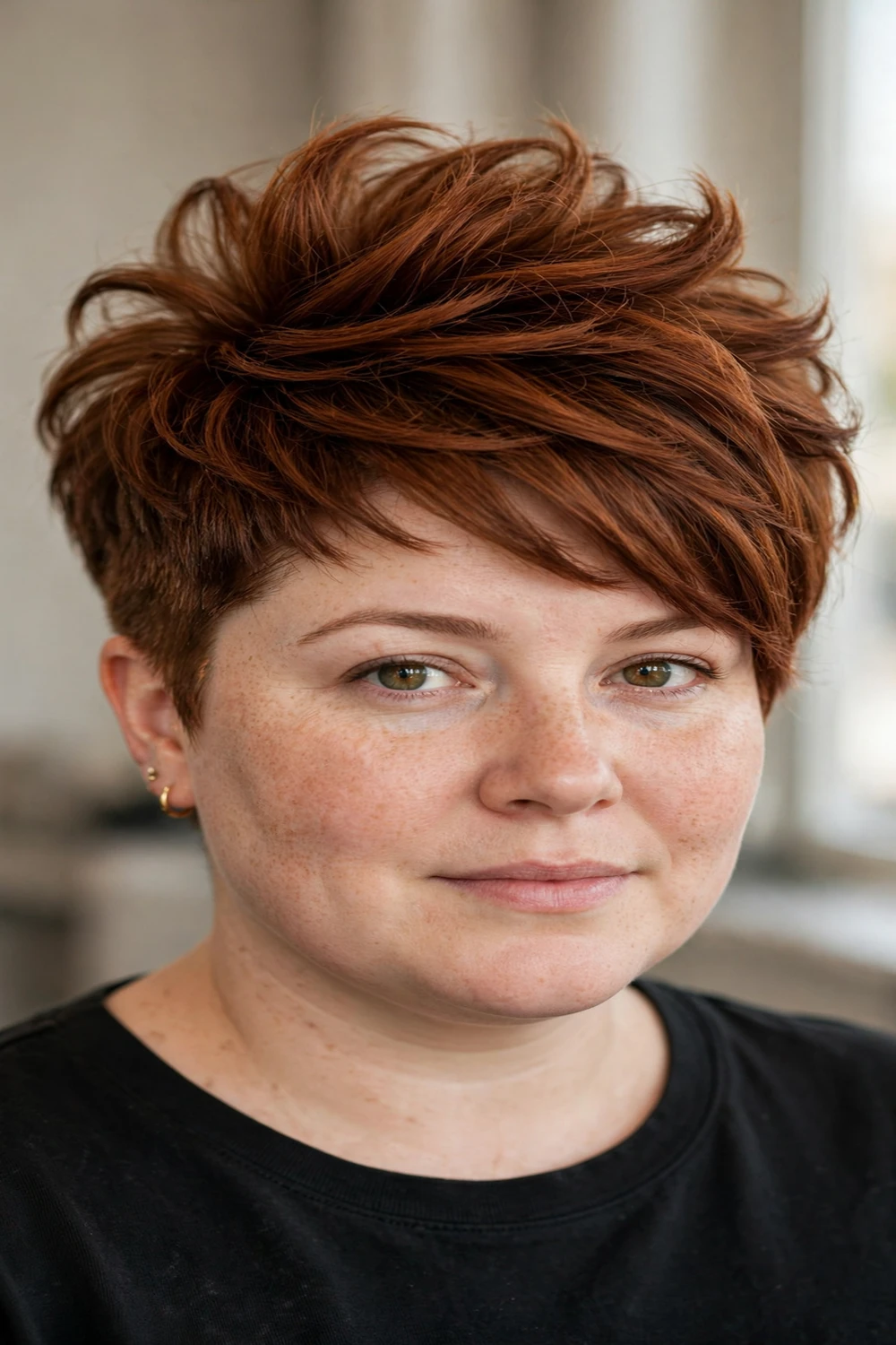 Layered long pixie with crown volume for round faces