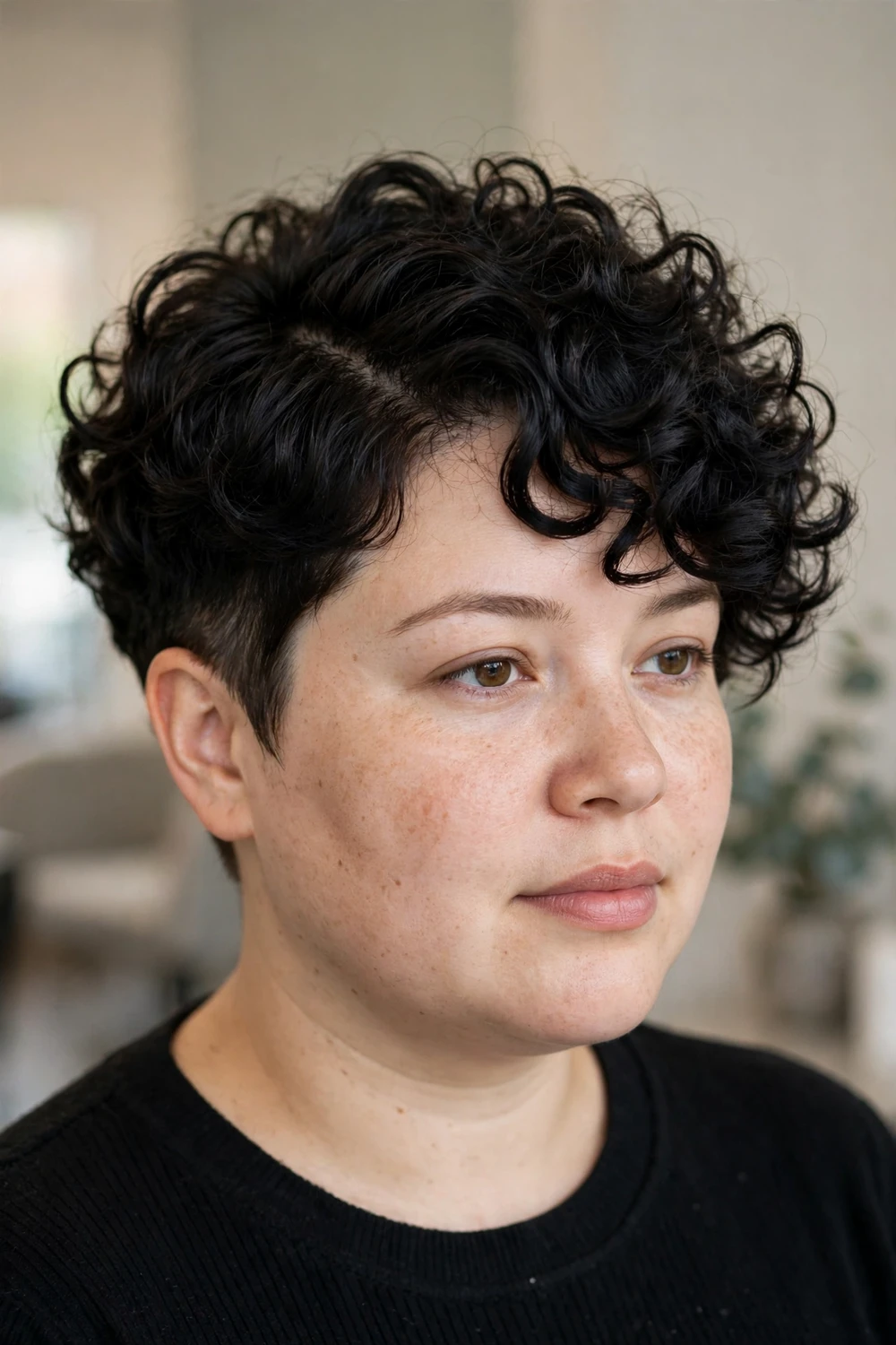 Curly long pixie haircut for round faces