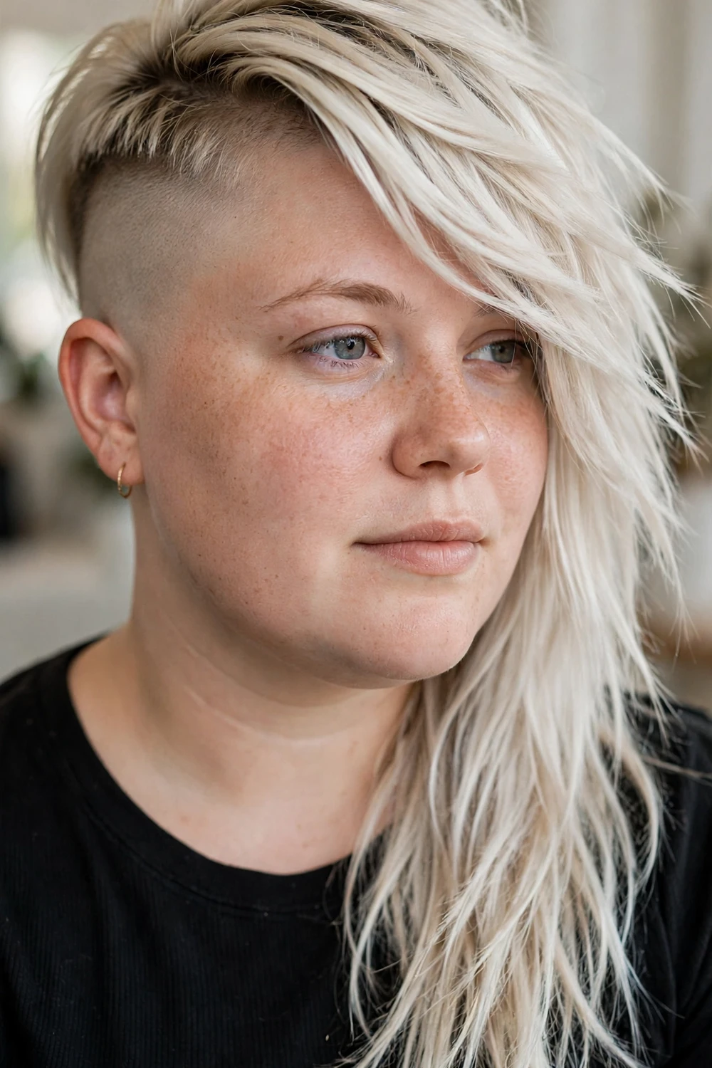 Edgy undercut asymmetrical pixie for round faces