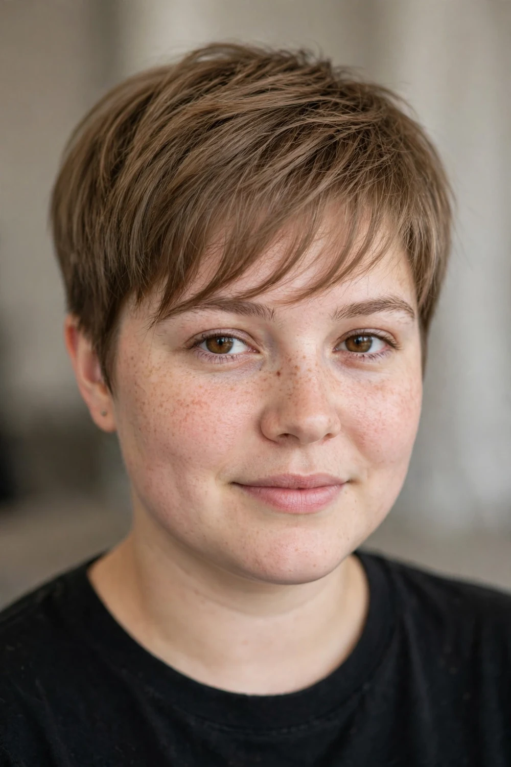 Pixie with elongated wispy bangs for round faces
