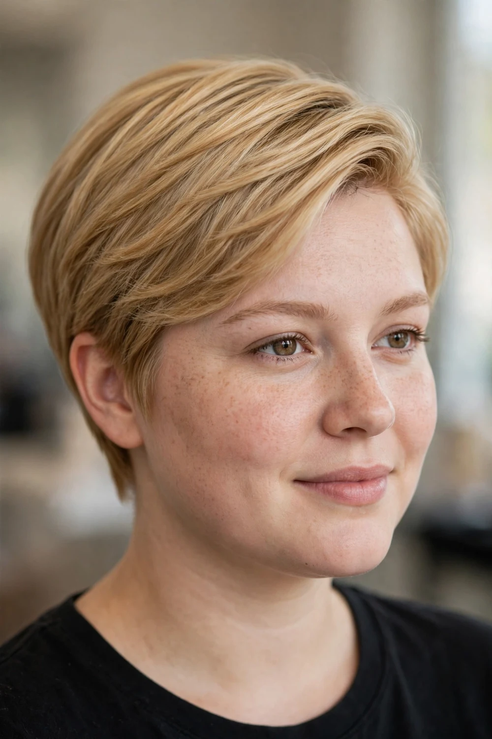Long pixie with side-swept bangs for round faces