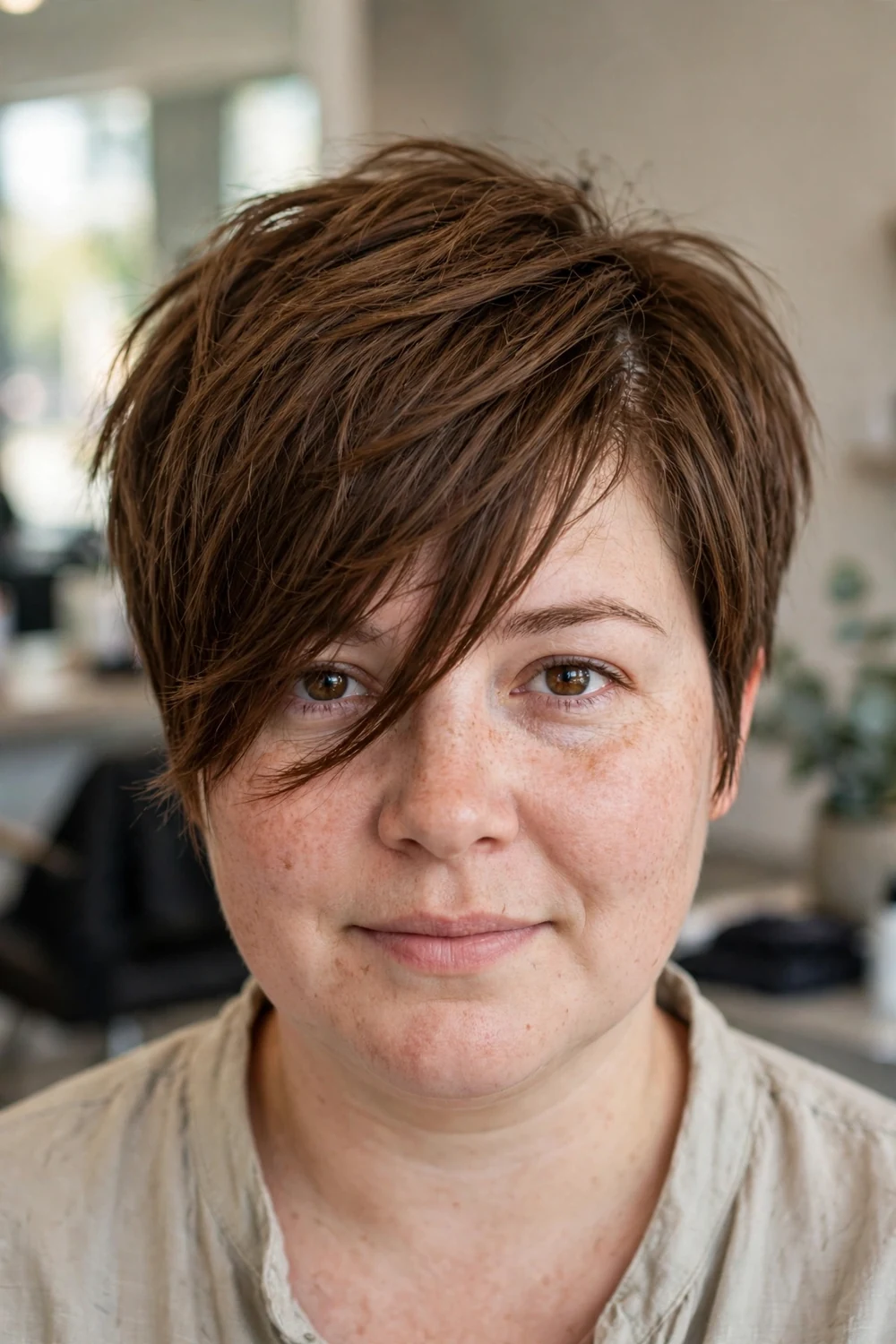 Off-centered pixie with piece-y bangs for round faces