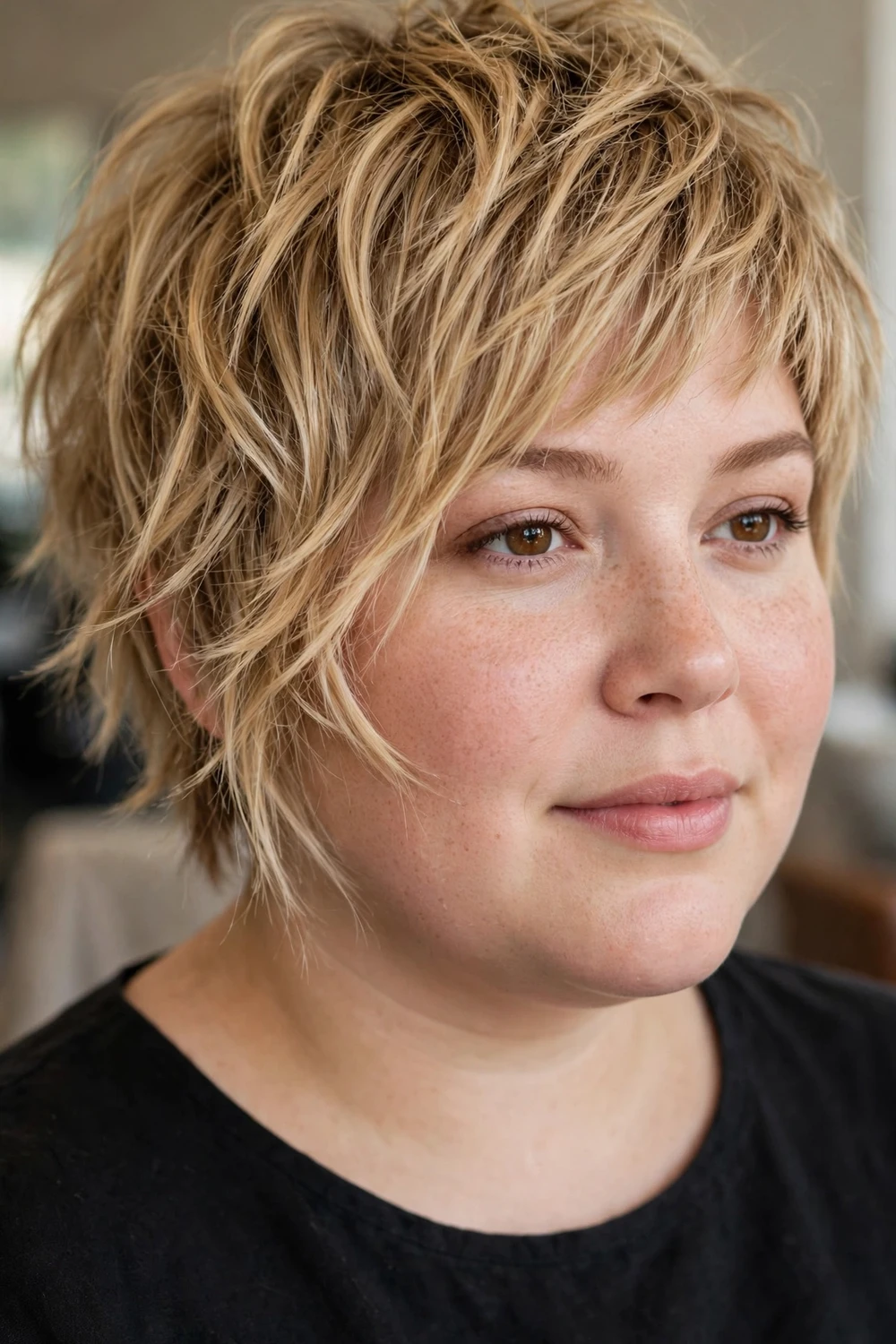 Shaggy asymmetrical pixie for round faces
