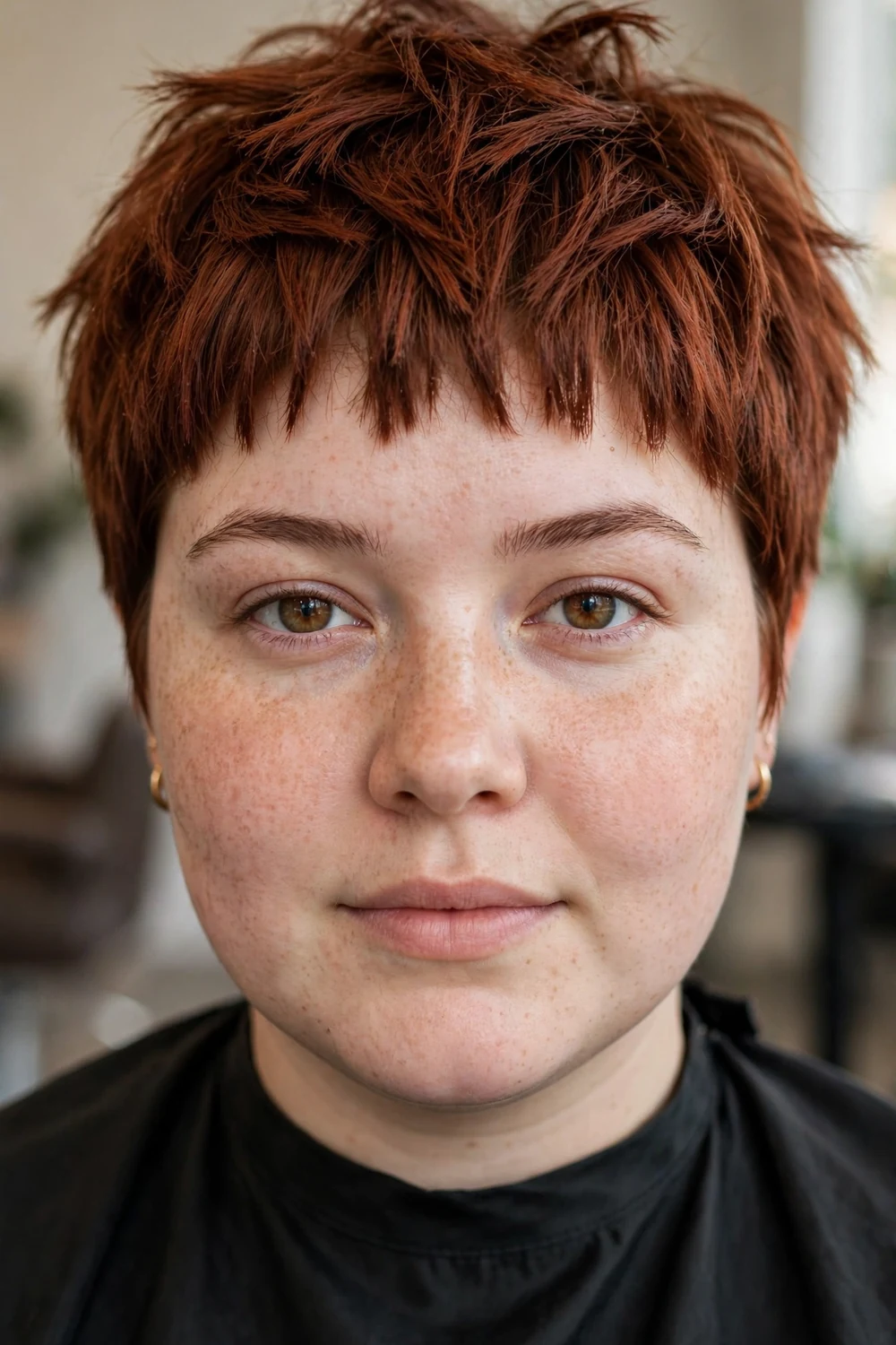 Pixie with short jagged bangs for round faces