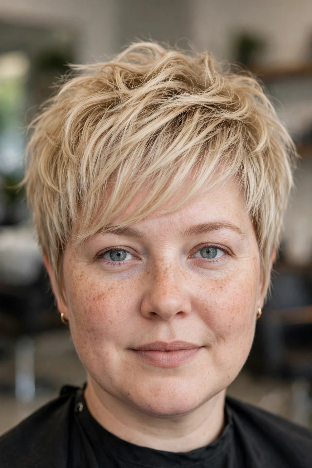 Textured long pixie with side-swept bangs for round faces