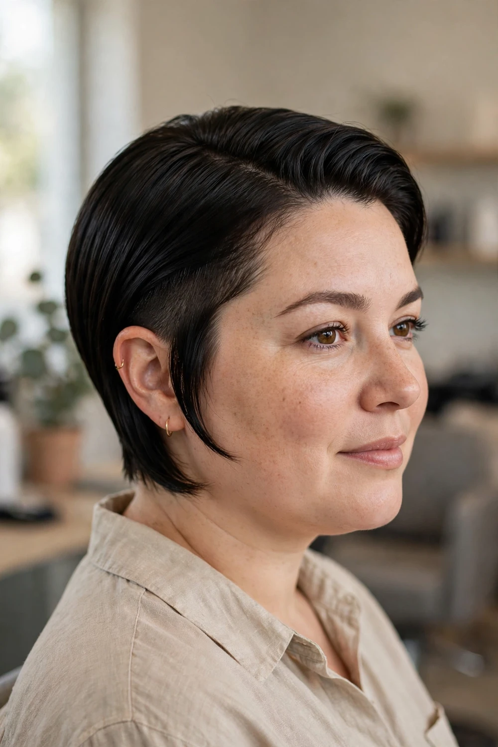 Sleek polished asymmetrical pixie for round faces