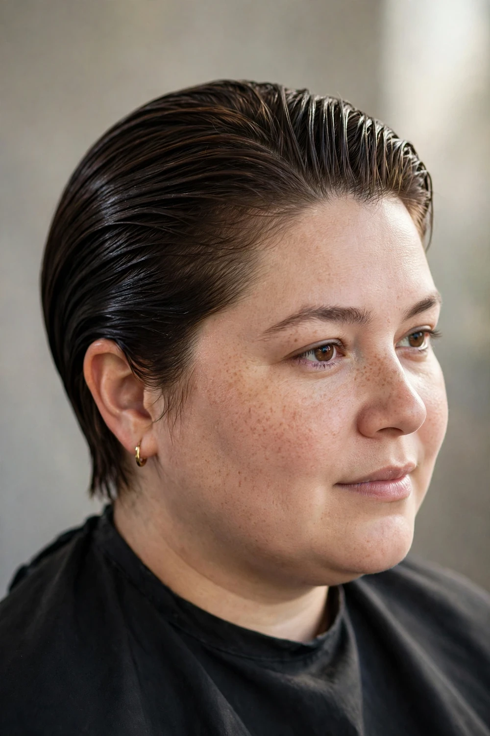 Slicked-back wet-look long pixie for round faces