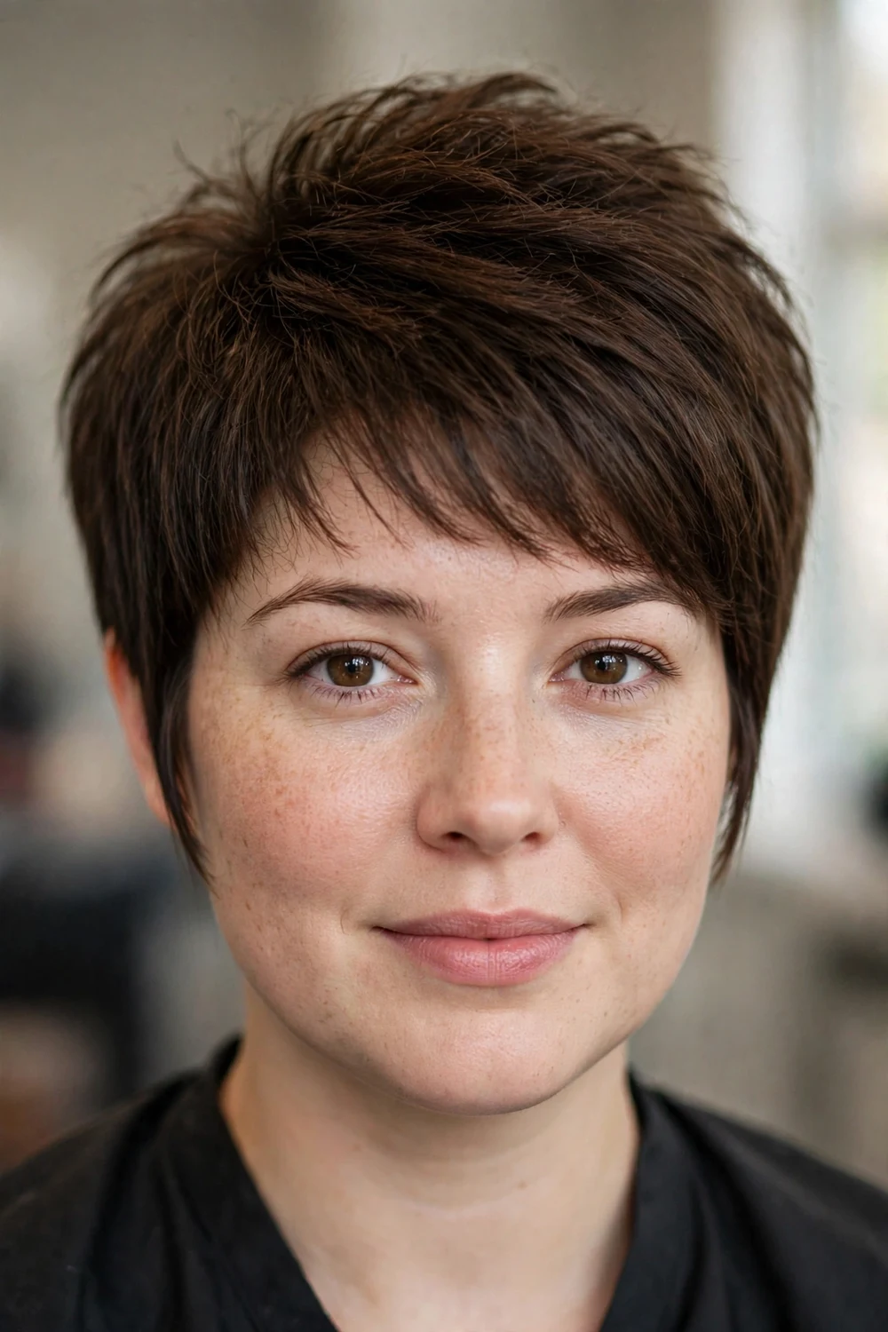 Pixie with tapered sideburns for round faces