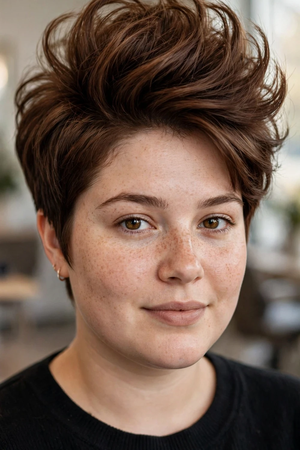 Long voluminous pixie haircut for round faces