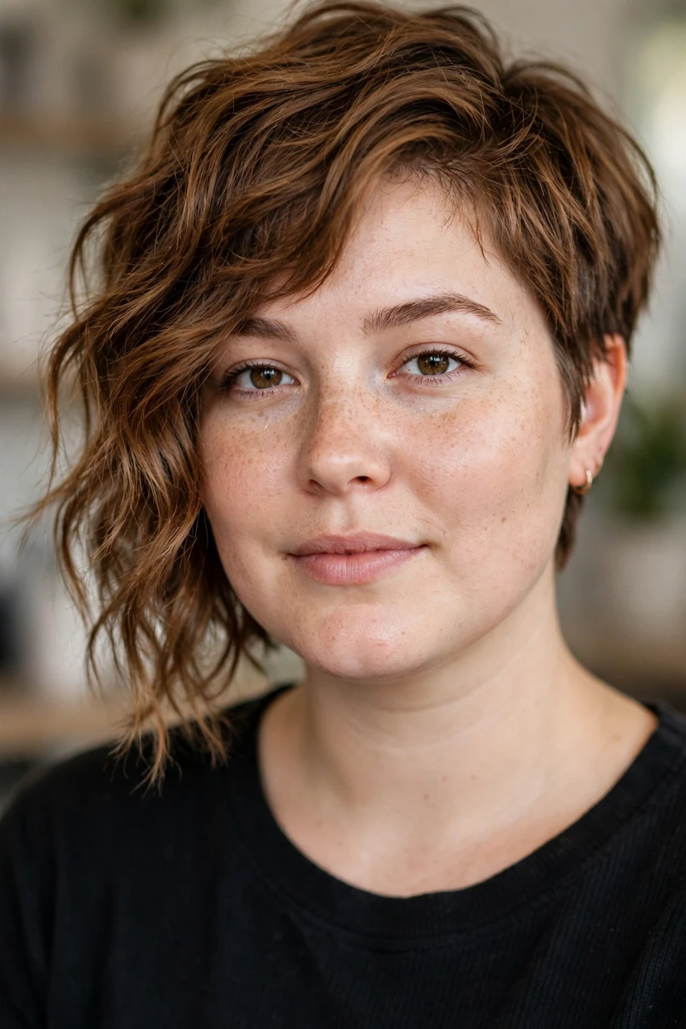 Wavy textured asymmetrical pixie for round faces