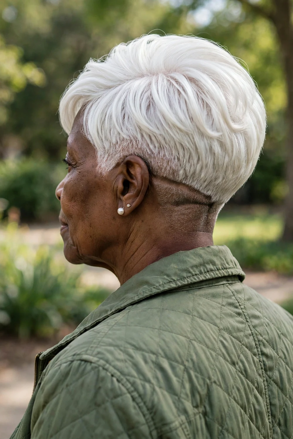 Black woman in her late 60s with a long white pixie and a shaved nape undercut visible at the back