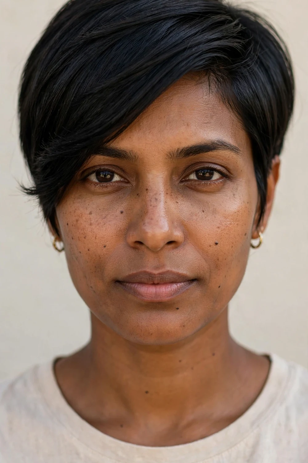 Woman with a long pixie on straight hair, extended crown layers with side-swept front