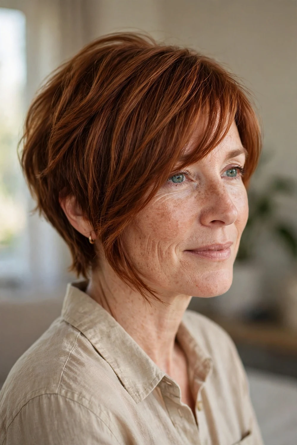 Long pixie haircut with long side bangs for a round face