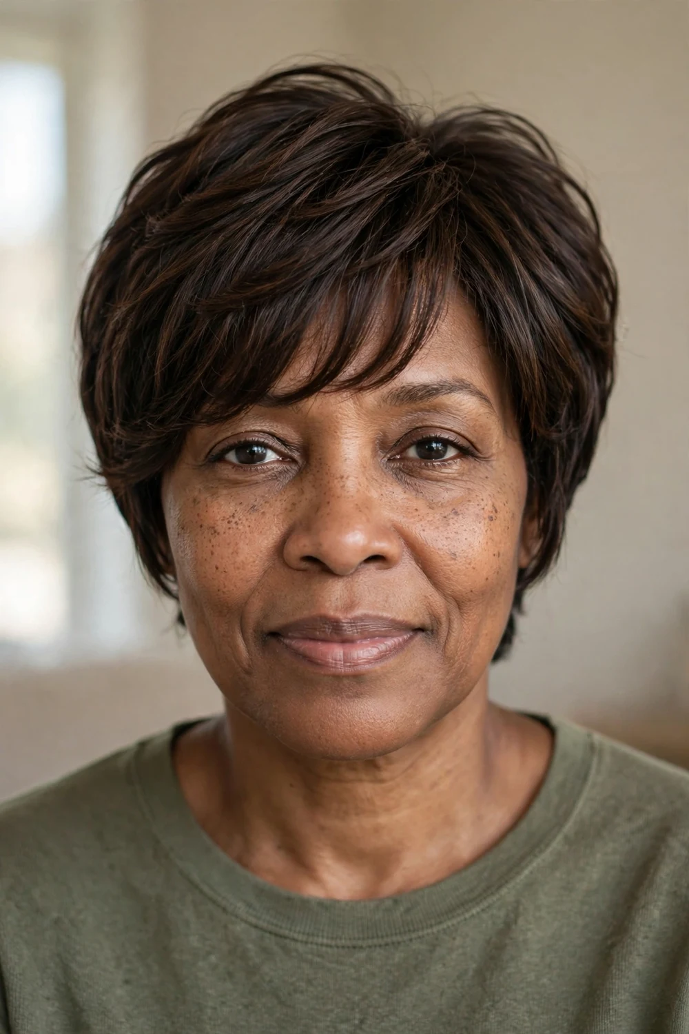 Front view of a long pixie with bangs on a woman over 50 with thin dark brown hair