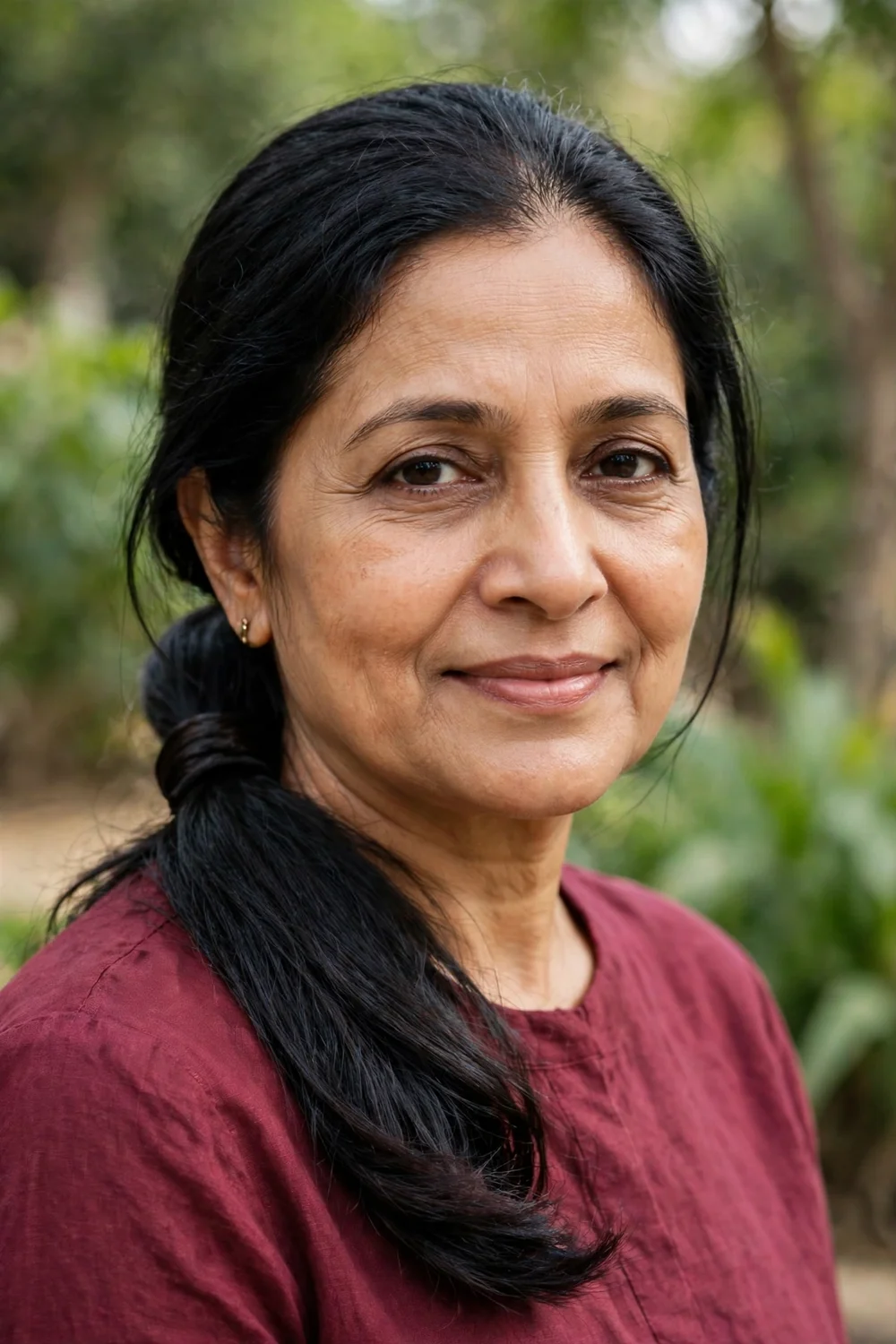South Asian woman in her early 50s with long black hair in a sleek low ponytail