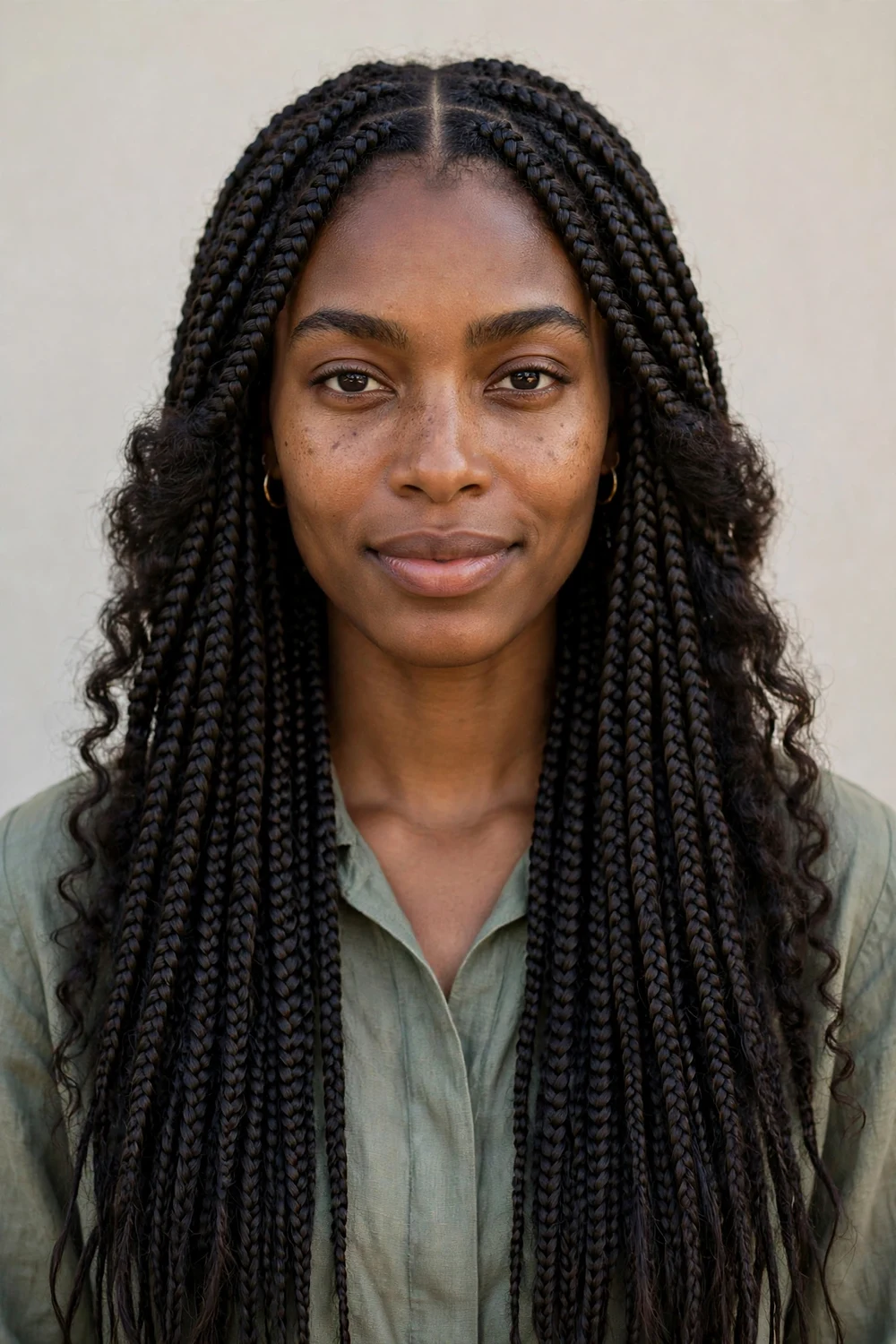 Black woman in her late twenties with an oblong face and very long protective box braids with a middle part