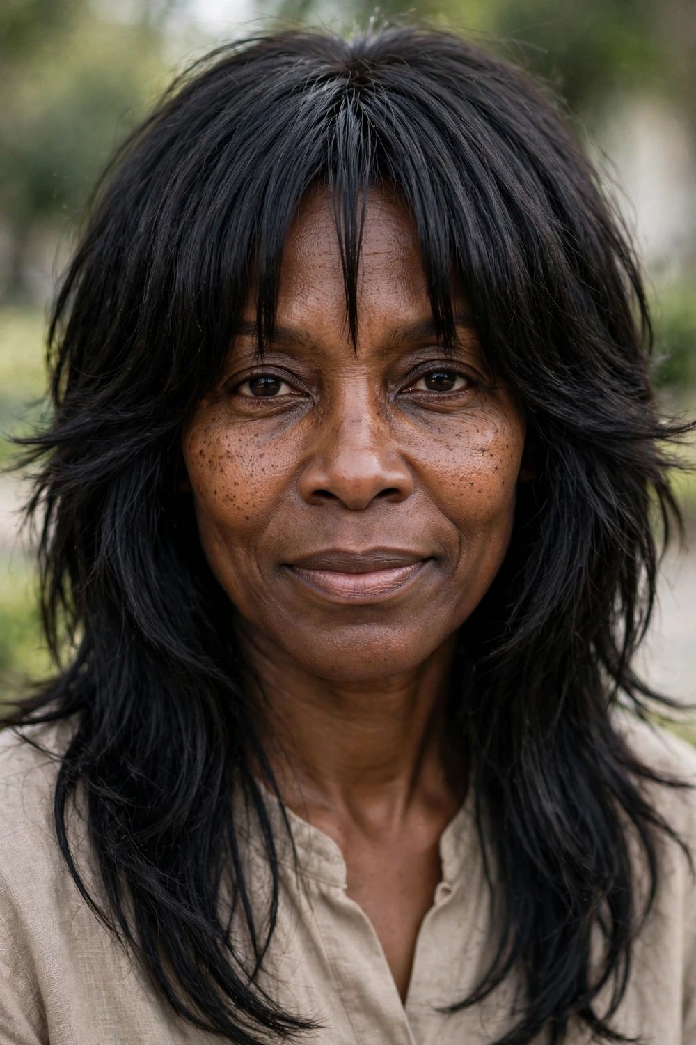 Woman with 70s shaggy cut and bottleneck bangs