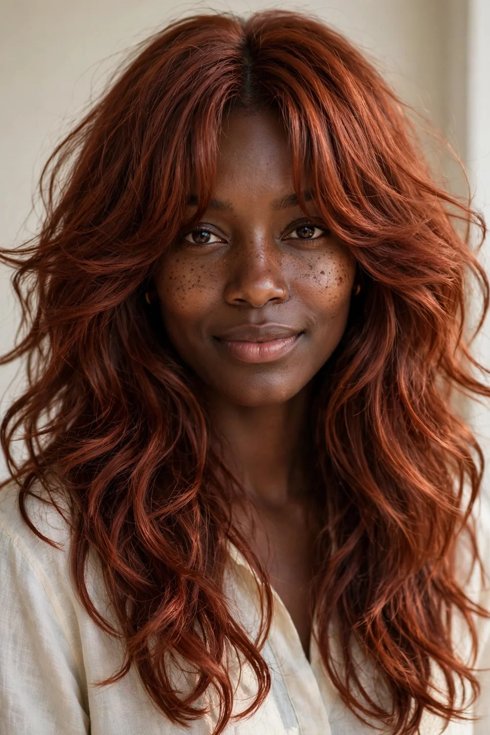 Long shag haircut with curtain bangs on wavy layered hair