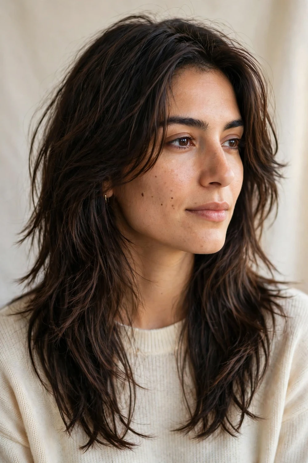 Woman with a long shag haircut, face-framing layers past the shoulders