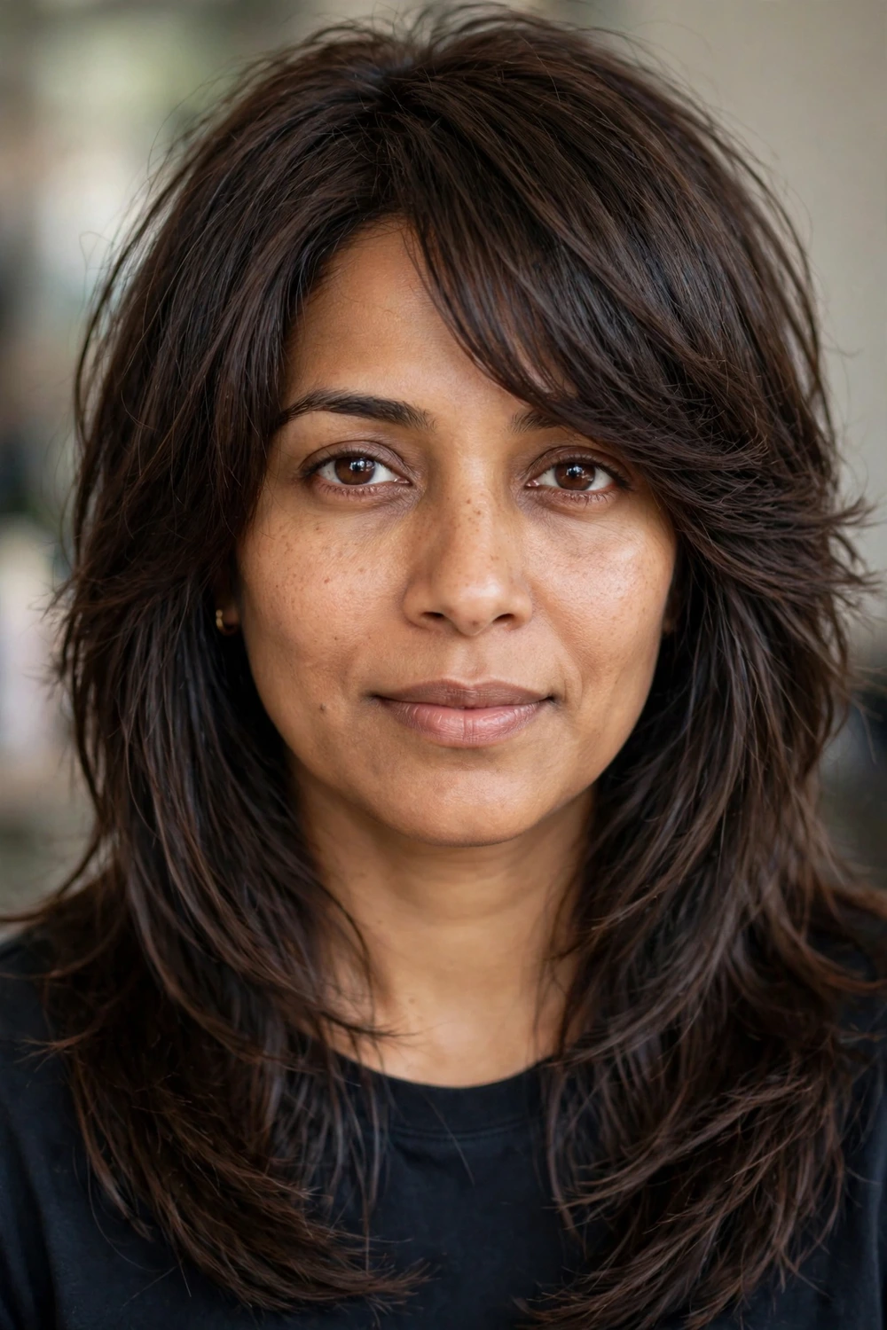 Woman with a long shag haircut and long side-swept bangs blended into the surrounding layers