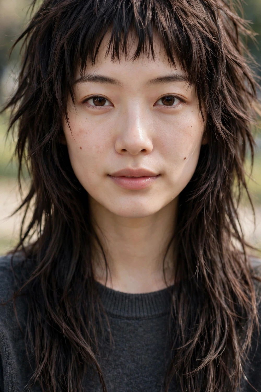 Woman with a long shag haircut and micro baby bangs cut two inches above the brow, edgy jagged layers