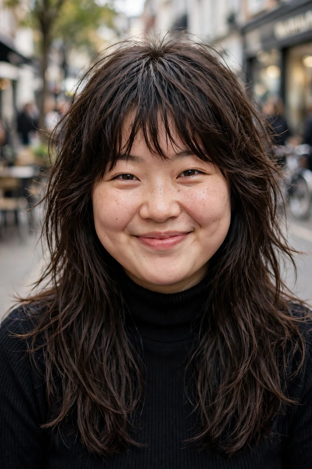 Woman with a round face and a long shaggy haircut in dark brown hair with short layered bangs