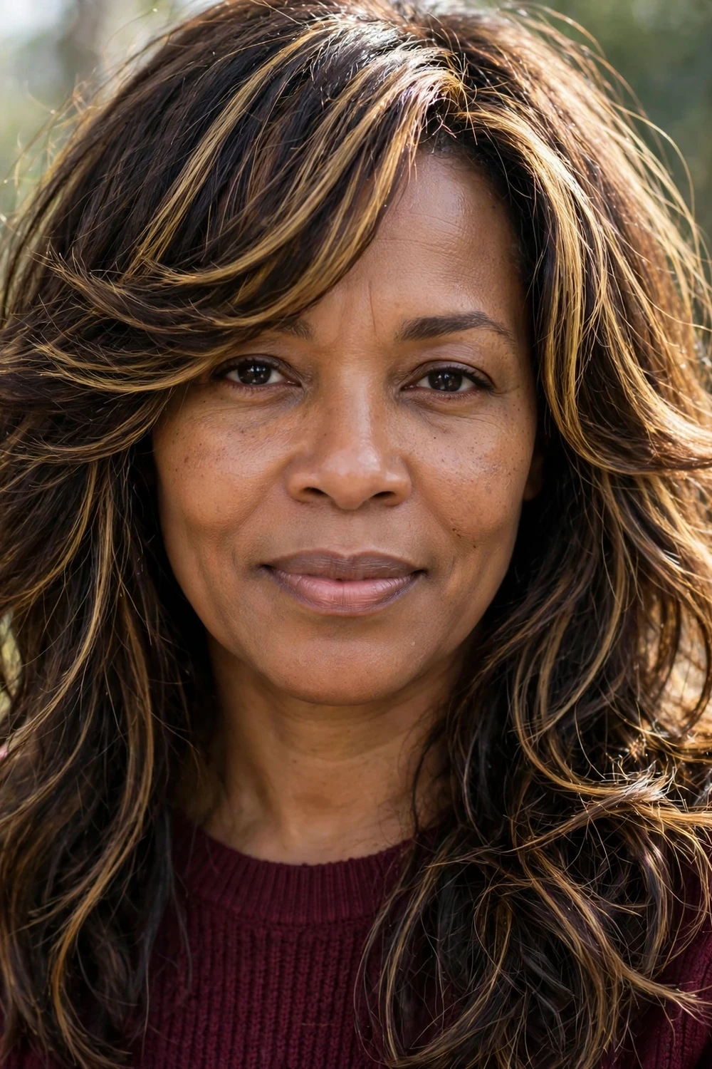 Woman with a long shag haircut and side-swept curtain bangs framing her face, loose waves through the lengths