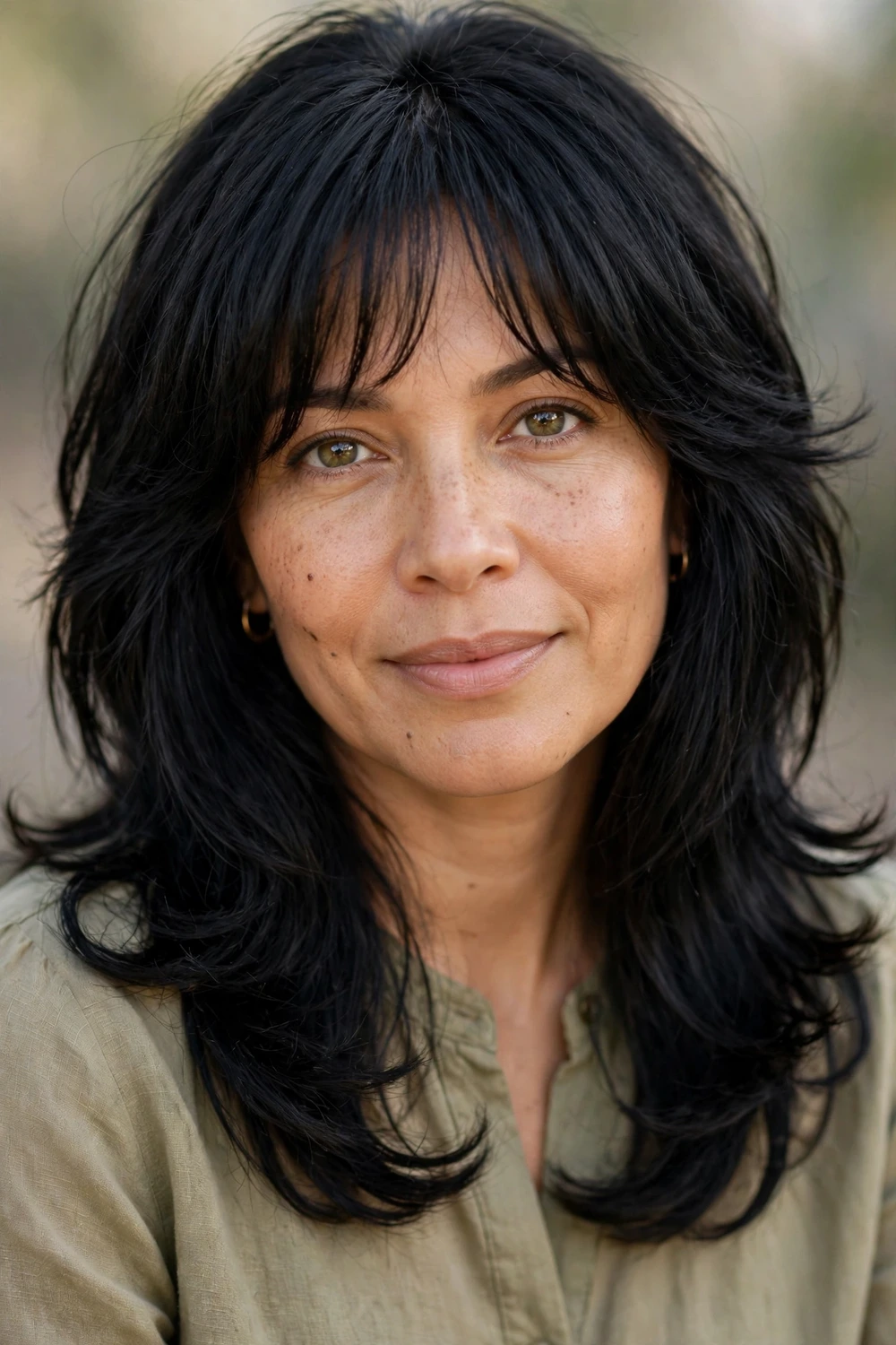 Woman with a long shag haircut and a light wispy fringe blow-dried inward with a round brush