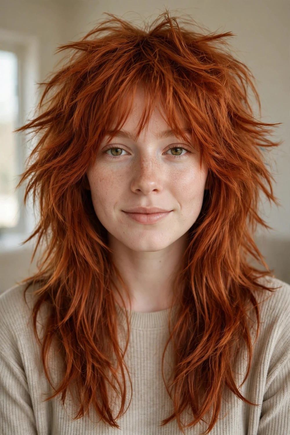 Woman with long honey blonde hair in shaggy textured layers, three-quarter view
