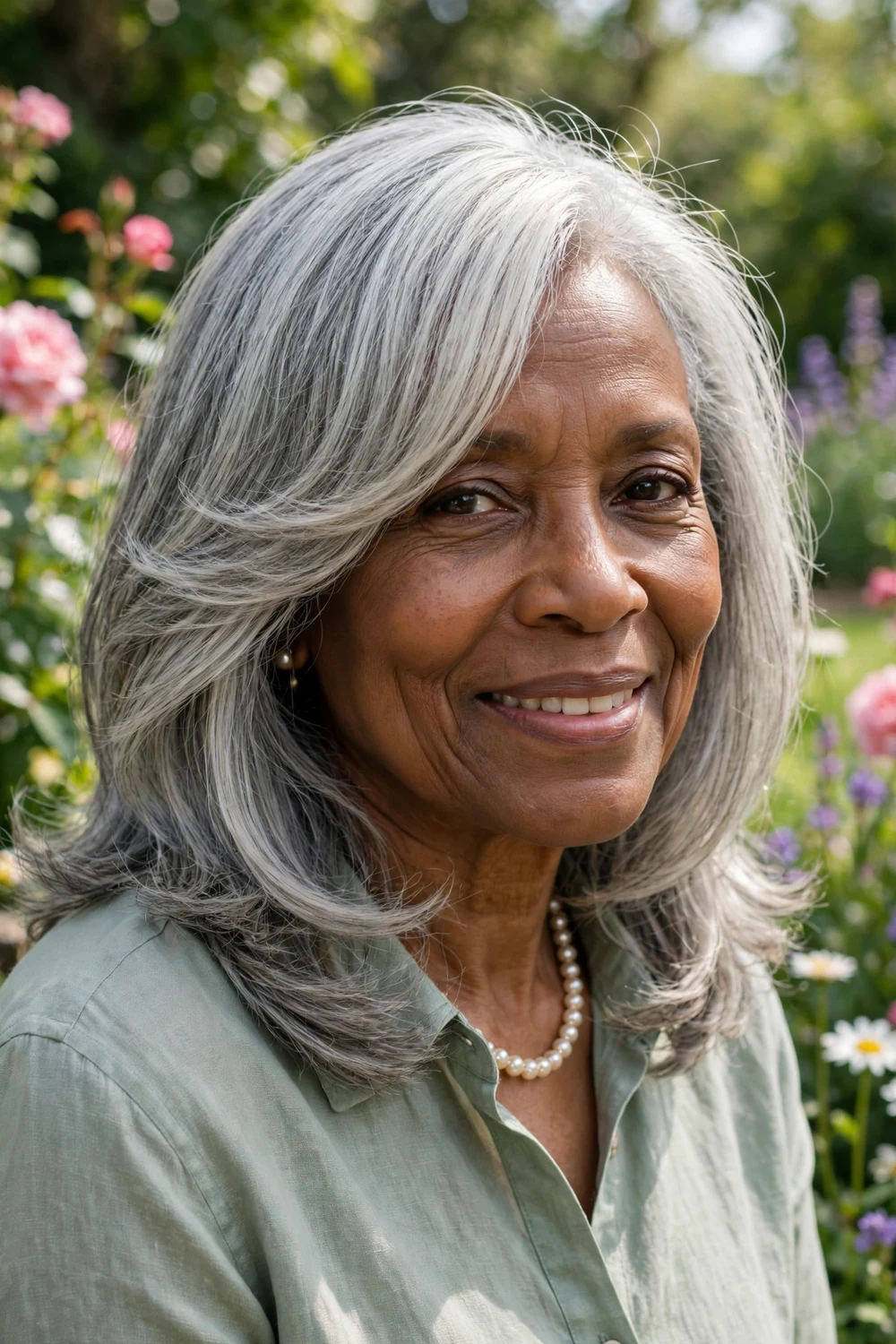 Black woman in her late 60s with silver long side bangs