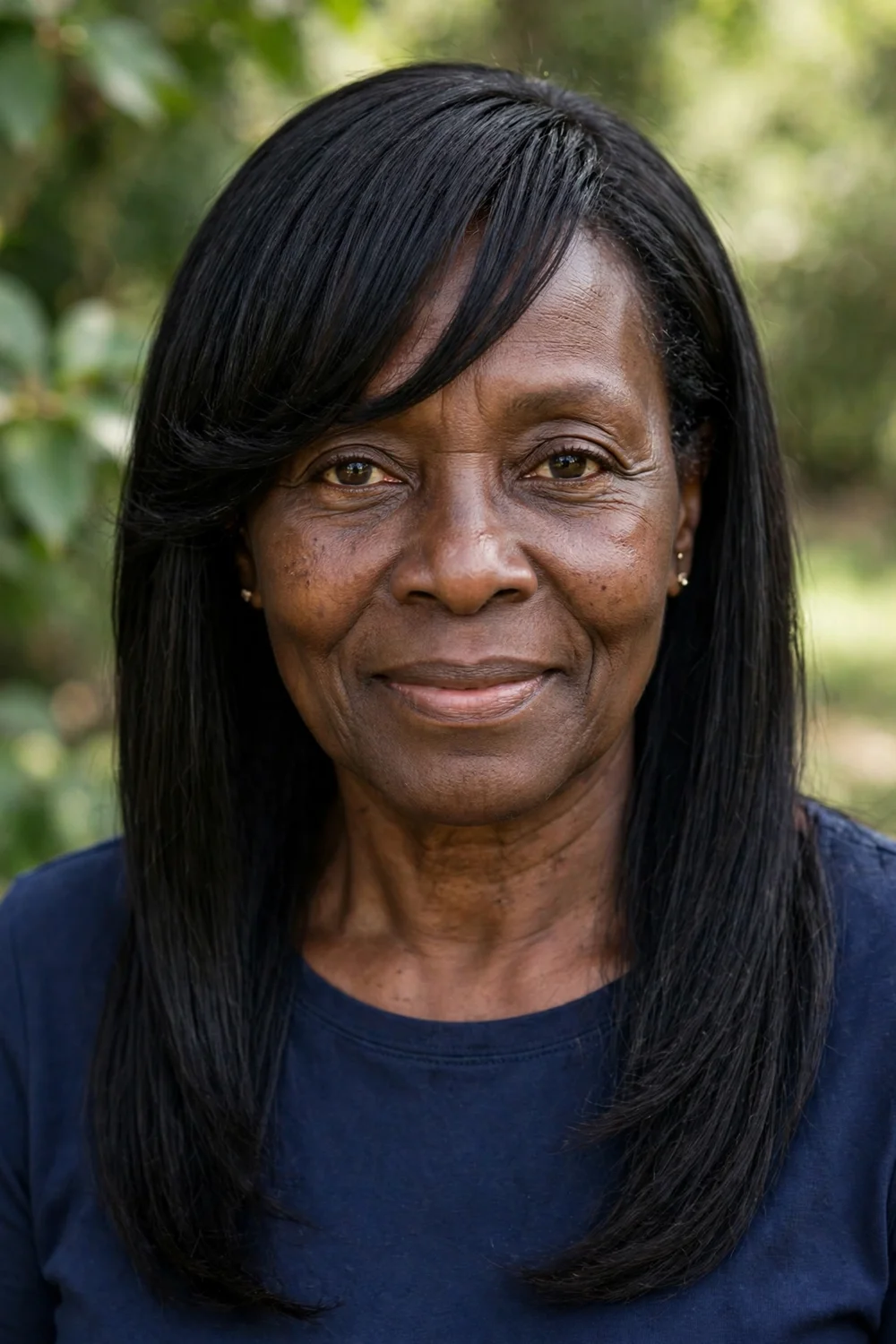 Black woman in her early 60s with long straight black hair and soft side-swept bangs